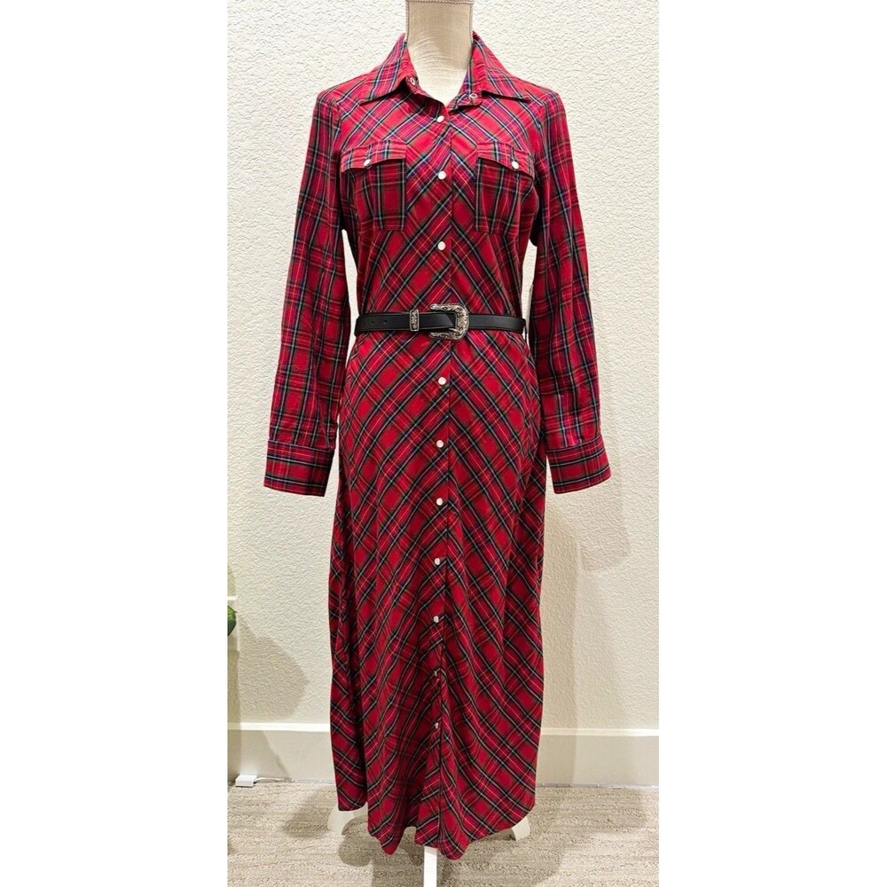 REBA Women’s Red Plaid Cotton Woven Button-Front Collared Belted Maxi Dress. XL